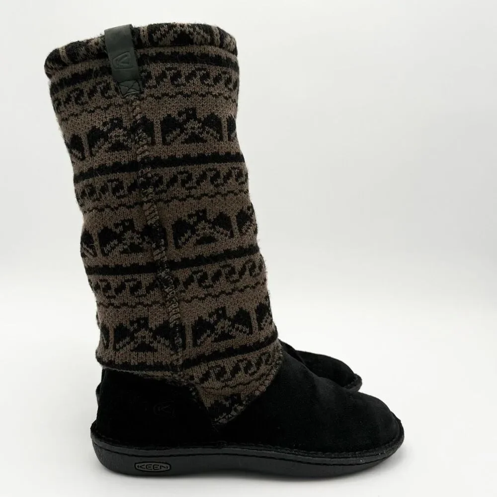 KEEN Auburn Winter Boots Sherpa Inner Suede Upper Tall Brown Midwest Print Women